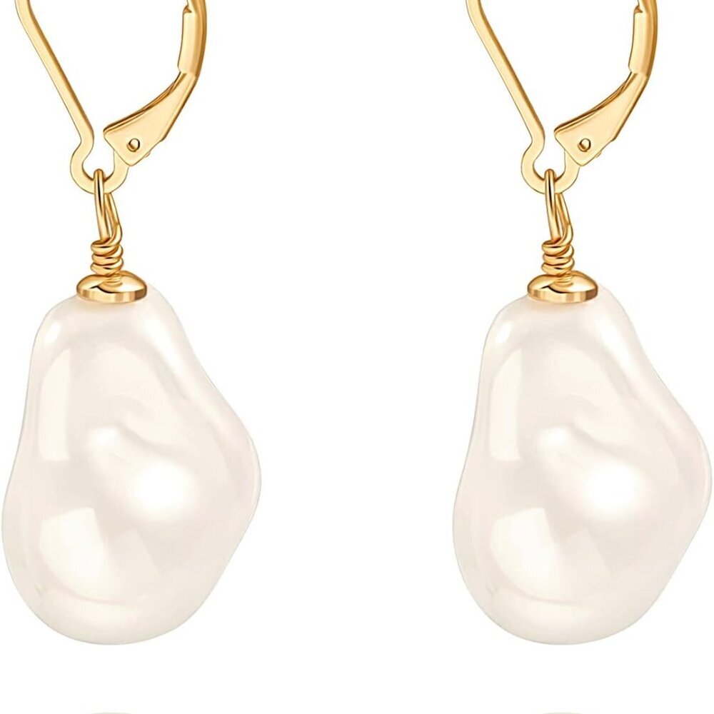 Handpicked White Pearl Earrings 18k Gold Plated Leverback Dangle Stud Pearl Earr